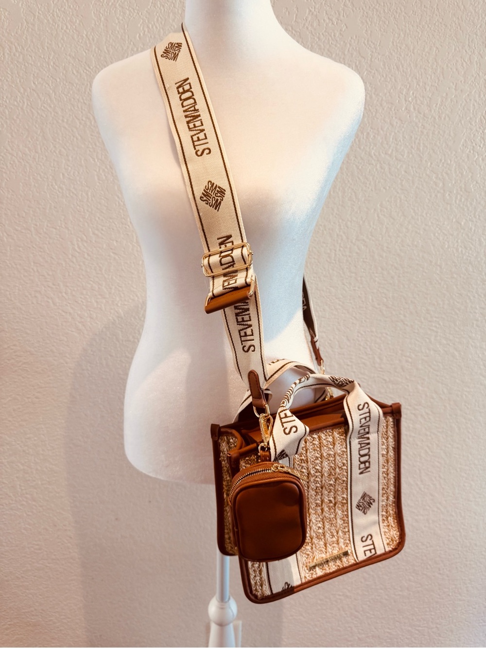 Steve Madden BWEBBER Straw Satchel Crossbody Tote Bag Tan Cognac NWOT